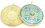 1 Pendant - Reversible solid brass Tibetan calendar pendant with Buddha eye and double dorje design inlaid with turquoise - PM311