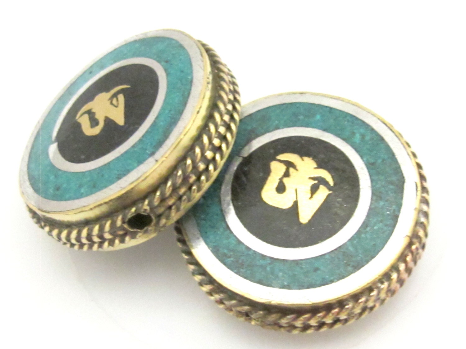 1 Bead - Reversible Tibetan Om inscribed brass bead with turquoise and lapis inlay 28 mm wide - BD687