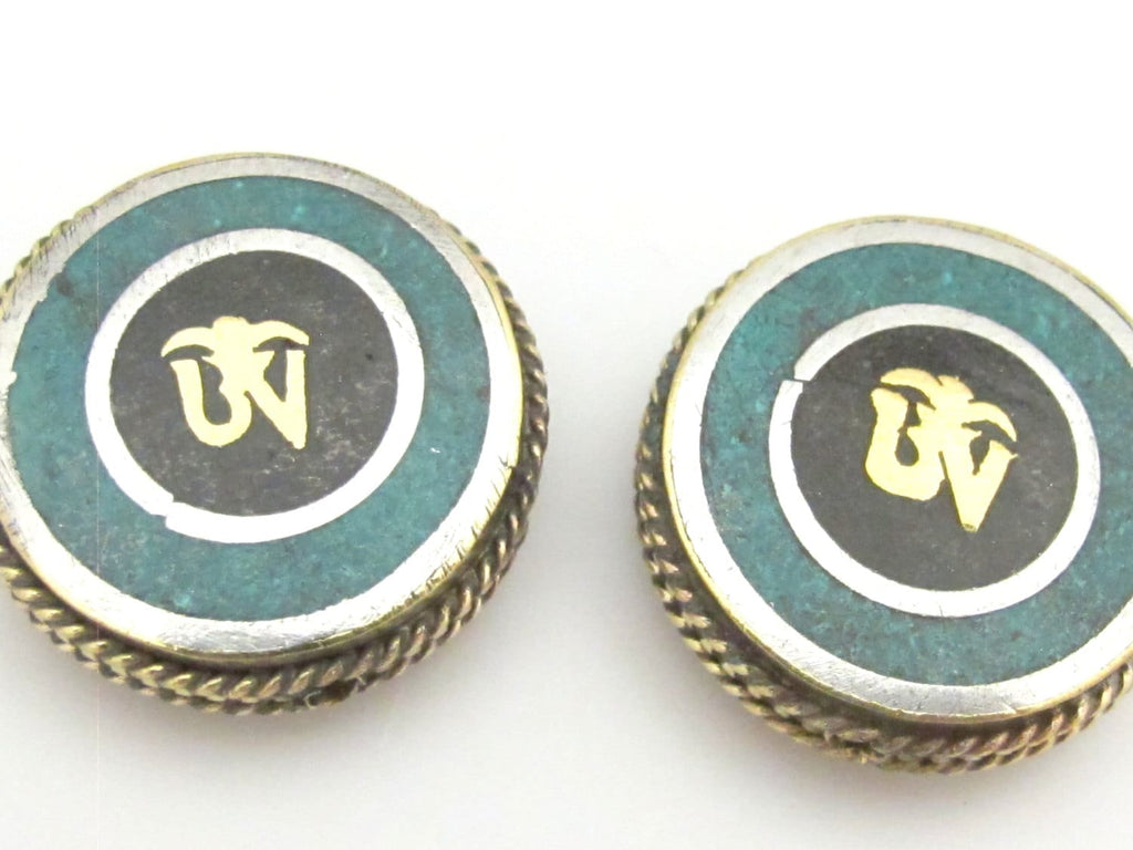 1 Bead - Reversible Tibetan Om inscribed brass bead with turquoise and lapis inlay 28 mm wide - BD687
