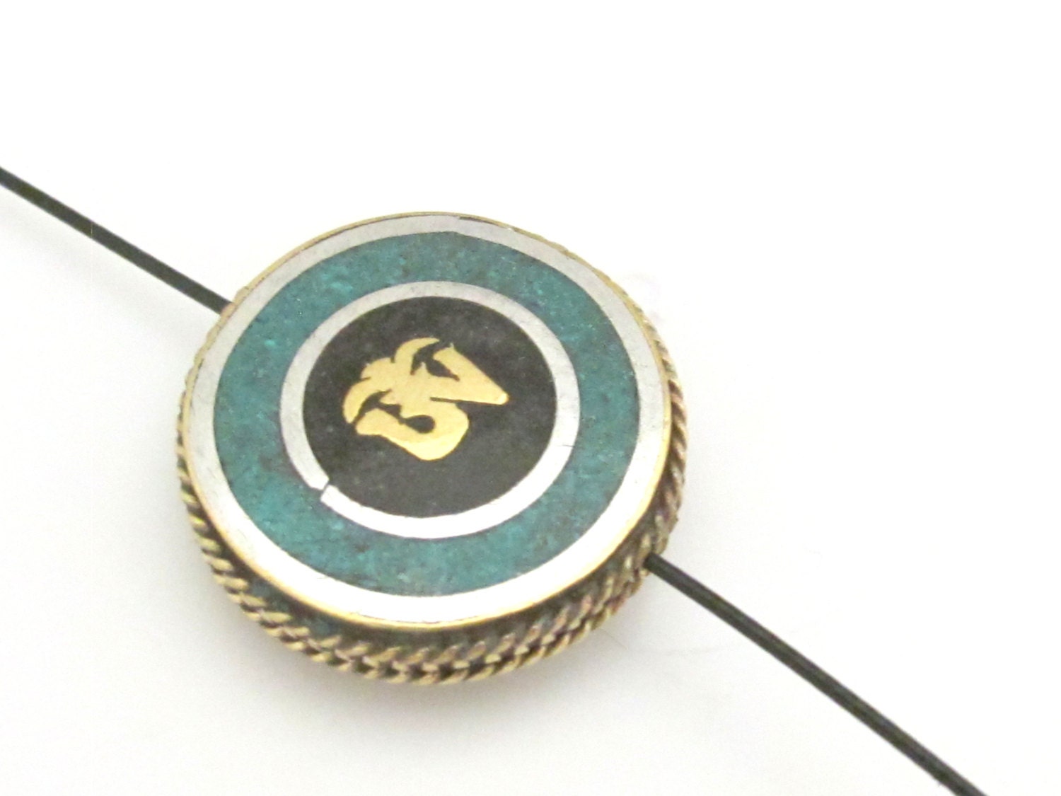 1 Bead - Reversible Tibetan Om inscribed brass bead with turquoise and lapis inlay 28 mm wide - BD687