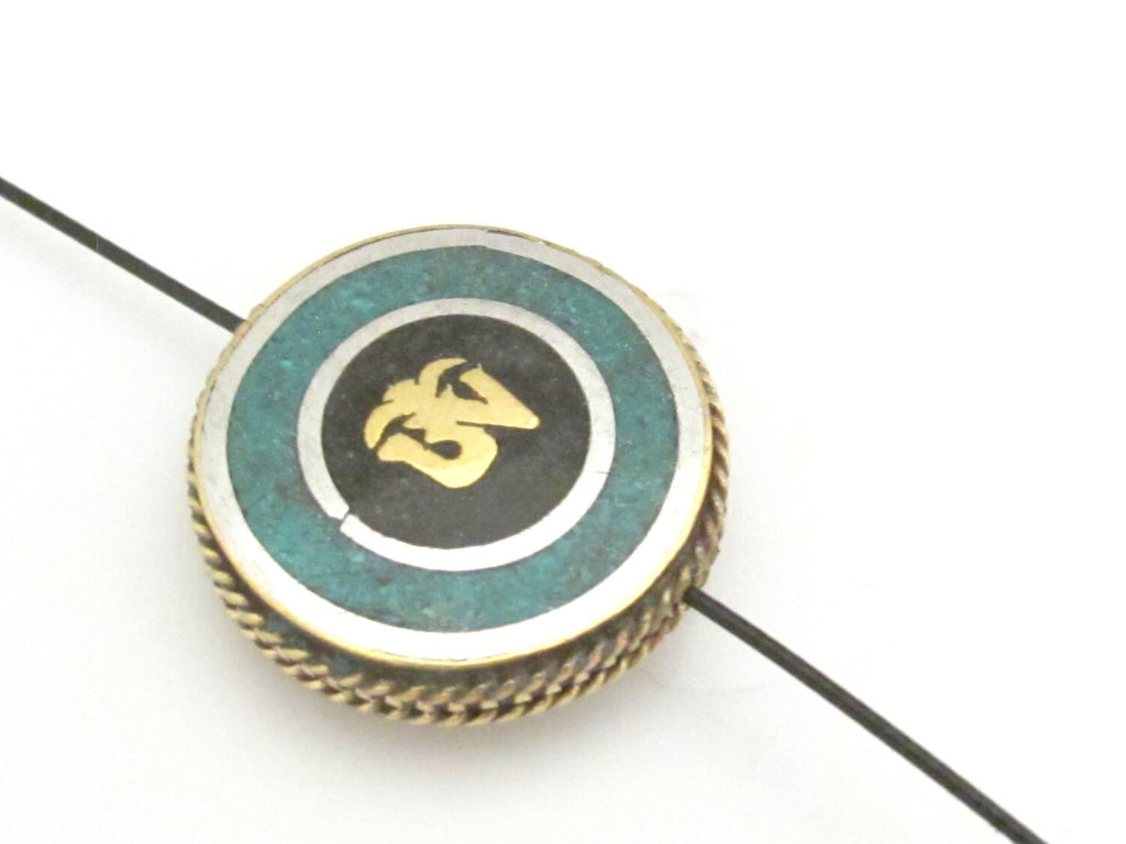 1 Bead - Reversible Tibetan Om inscribed brass bead with turquoise and lapis inlay 28 mm wide - BD687