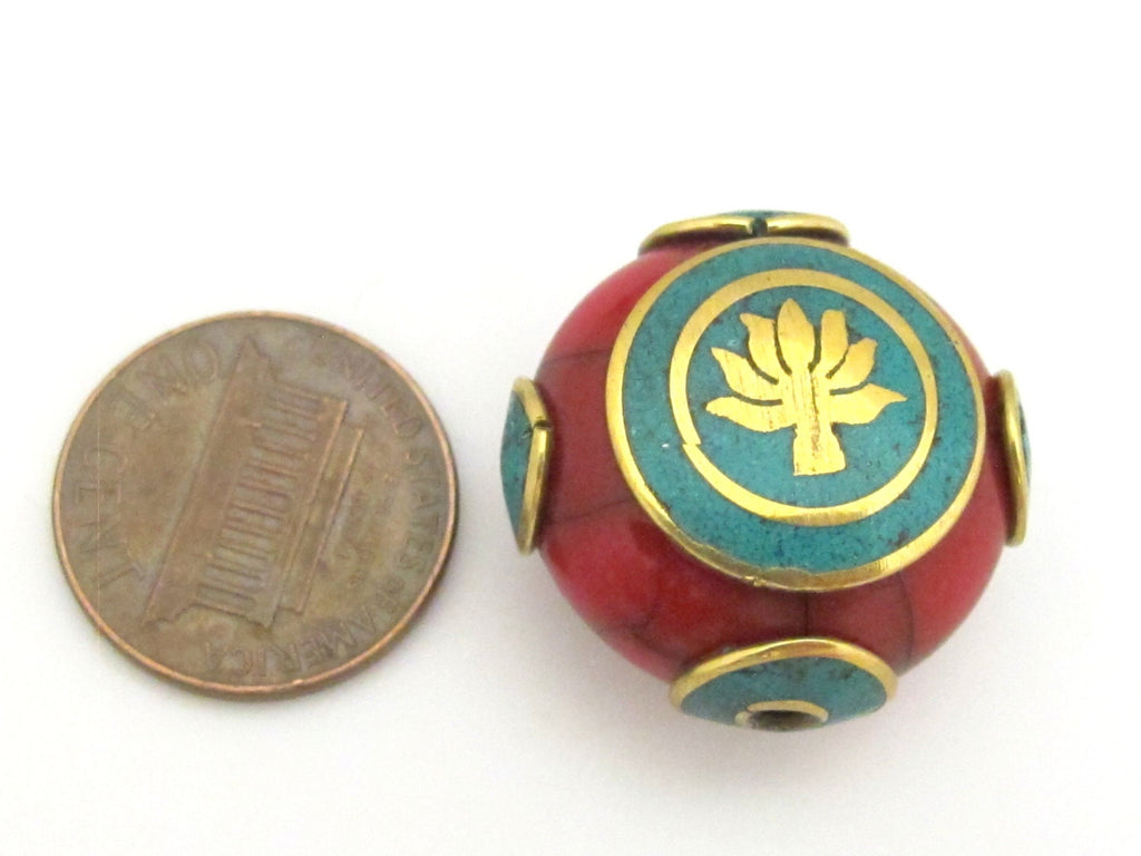 Tibetan red crackle resin lotus flower symbol reversible bead with brass , turquoise inlay - BD688B