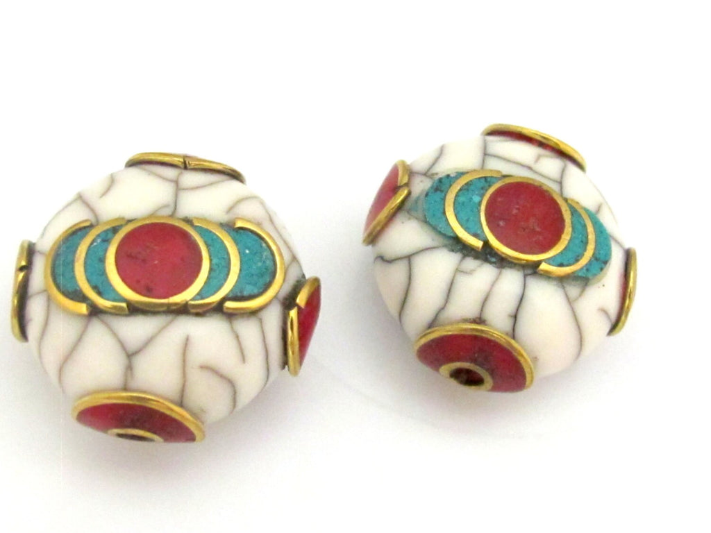 1 Bead - Tibetan white crackle Resin bead with brass , turquoise and coral inlay - BD689A