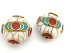 1 Bead - Tibetan white crackle Resin bead with brass , turquoise and coral inlay - BD689A