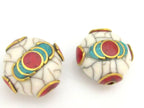 1 Bead - Tibetan white crackle Resin bead with brass , turquoise and coral inlay - BD689A