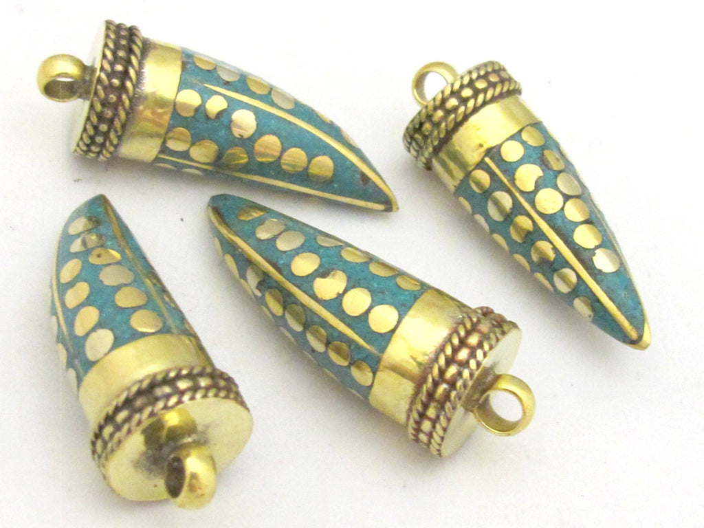 1 Pendant - Tibetan horn tusk shape turquoise inlaid Brass pendant with dotted design - PM315C