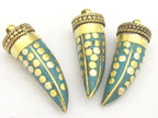 1 Pendant - Tibetan horn tusk shape turquoise inlaid Brass pendant with dotted design - PM315C