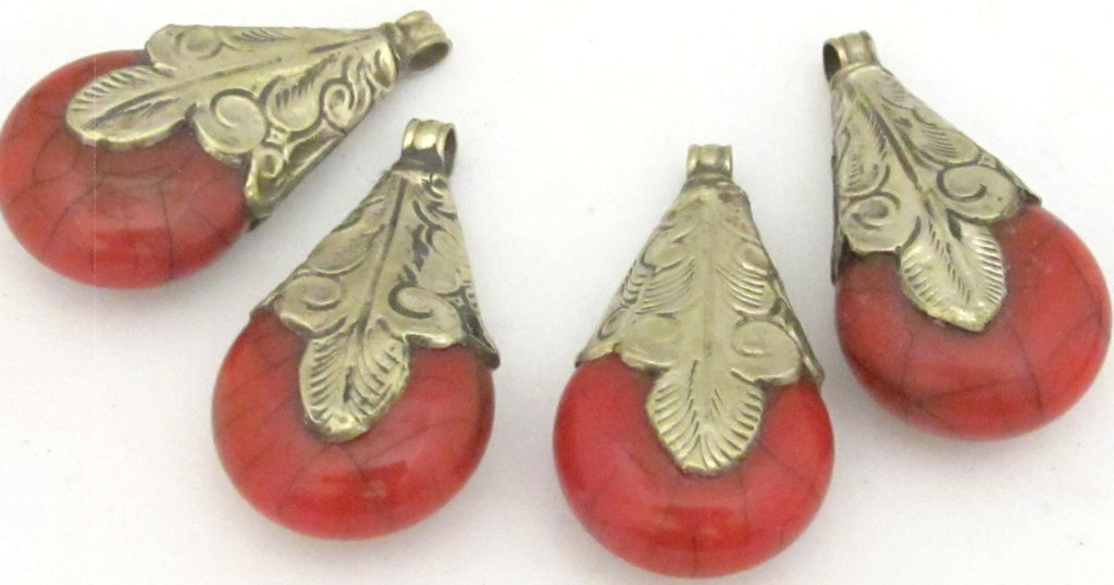 Teardrop shape Tibetan silver capped red crackle resin pendant - 1 pendant - PM316B