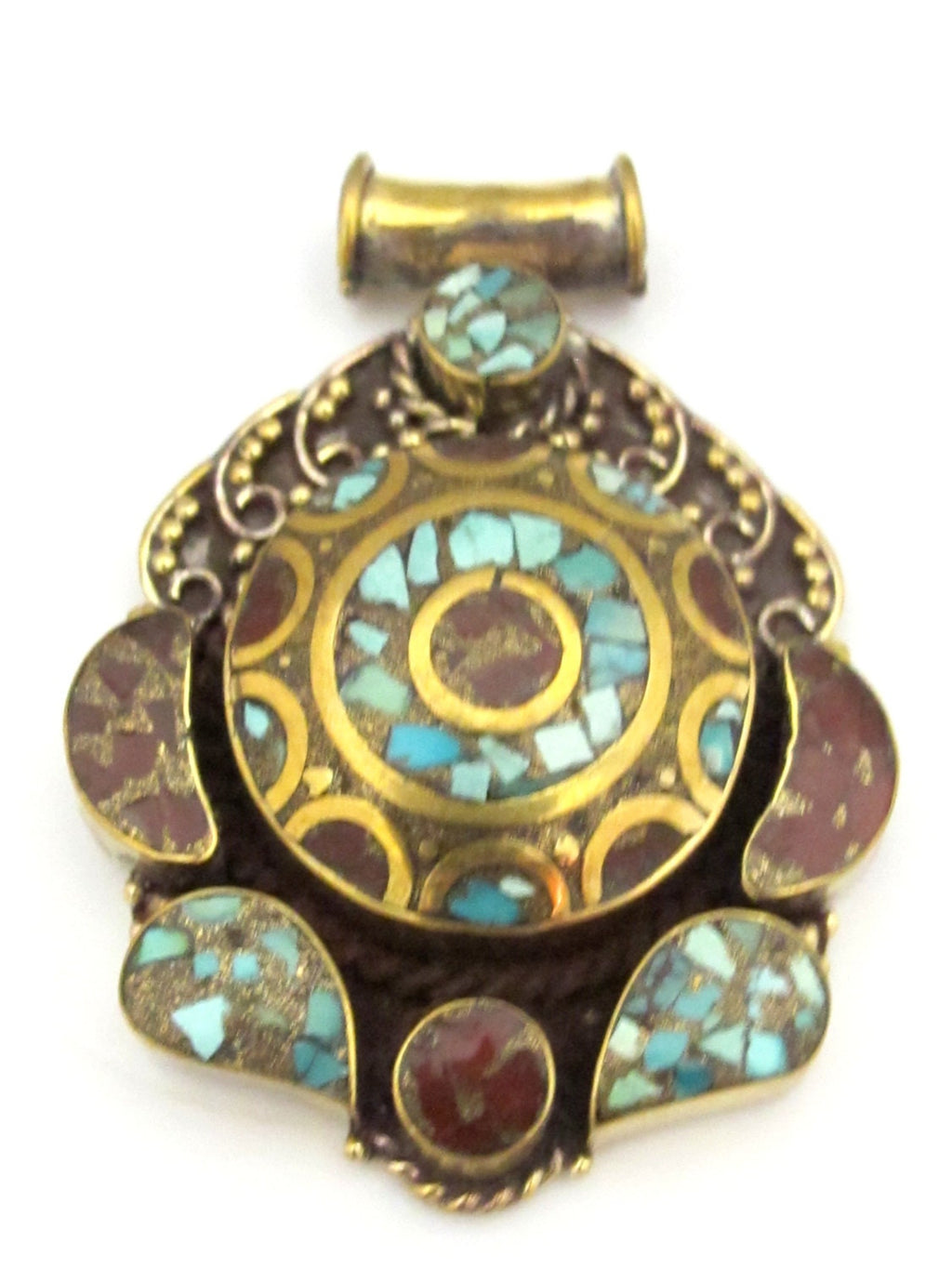 Large ethnic Tibetan brass pendant with turquoise coral inlay - PM319
