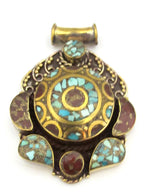 Large ethnic Tibetan brass pendant with turquoise coral inlay - PM319