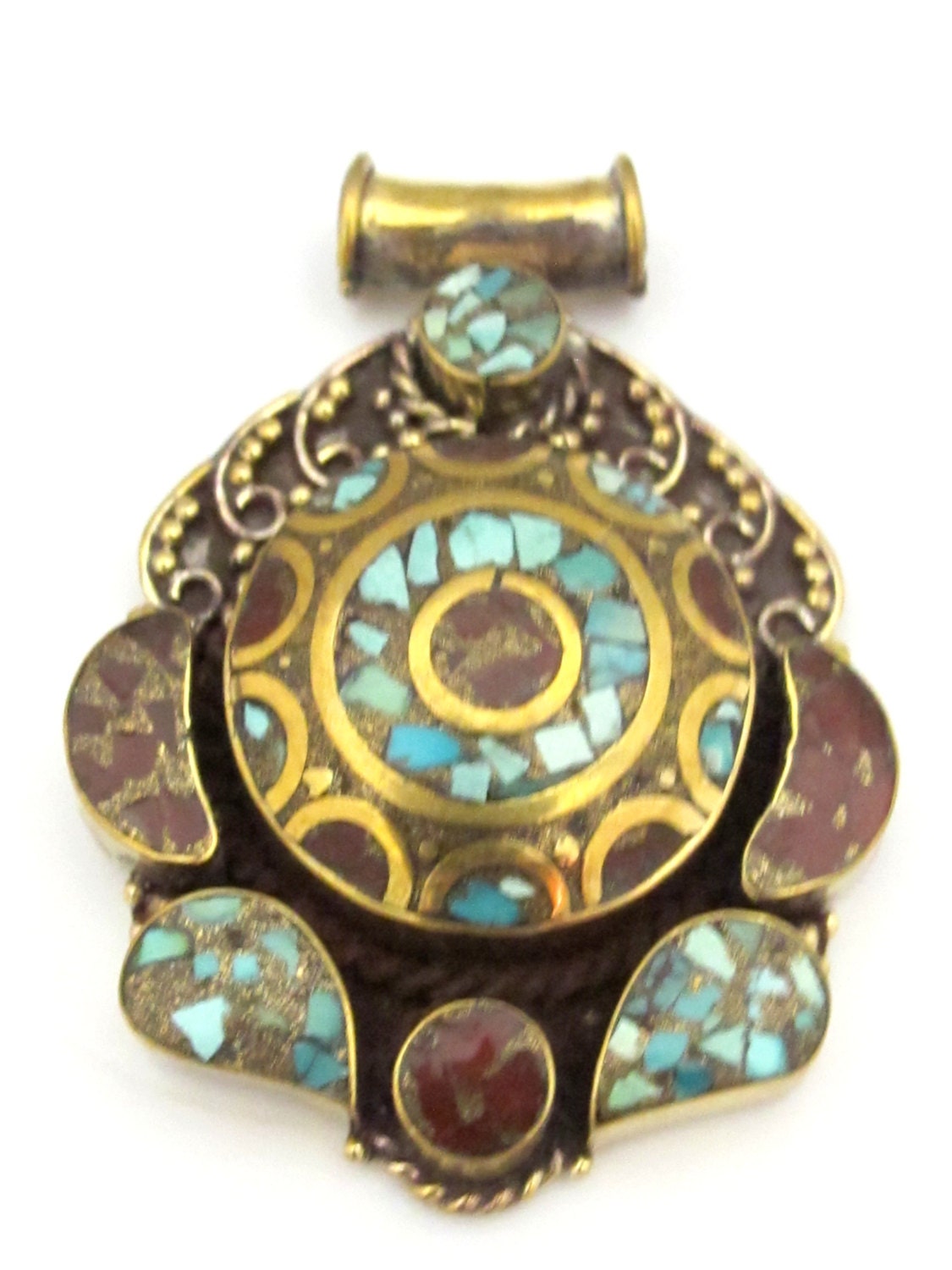 Large ethnic Tibetan brass pendant with turquoise coral inlay - PM319