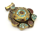 Large ethnic Tibetan brass pendant with turquoise coral inlay - PM319