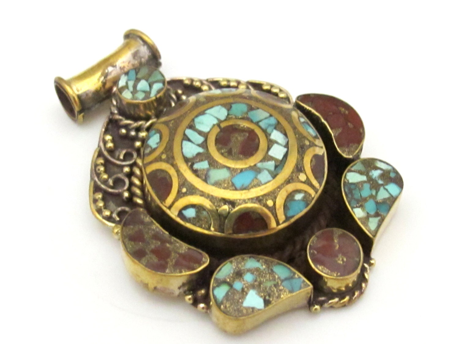 Large ethnic Tibetan brass pendant with turquoise coral inlay - PM319