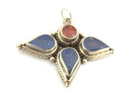 1 piece - Ethnic tri petal floral design Tibetan charm pendant with lapis coral inlay - PM309B