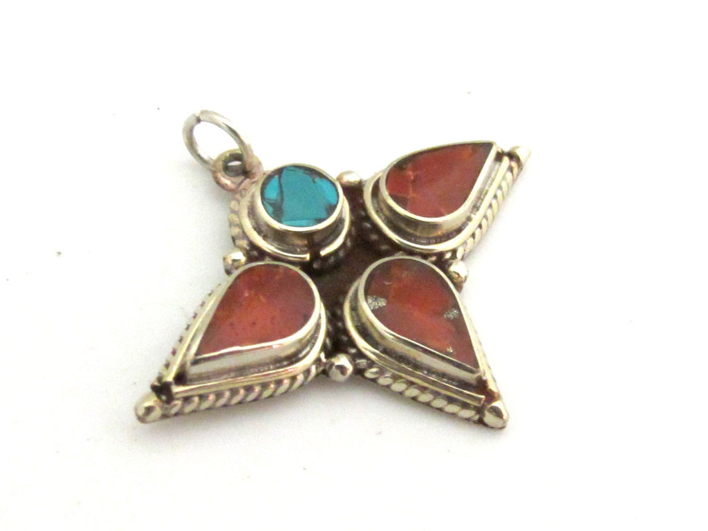 1 piece - Ethnic tri petal floral design Tibetan charm pendant with turquoise coral inlay - PM309C