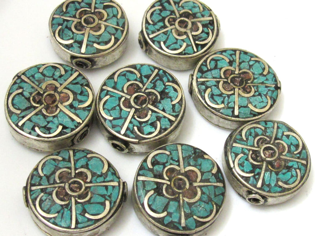 1 Bead - Round disc tibetan silver turquoise and coral inlaid bead - BD691