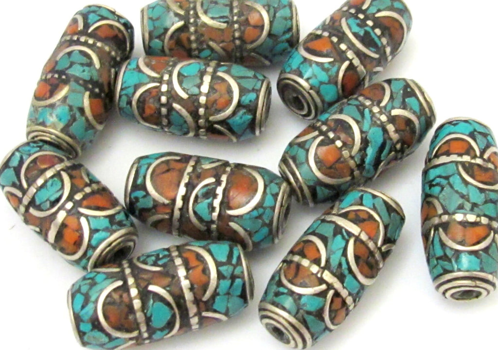1 Bead - Large tube tibetan silver turquoise and inlaid bead - BD693