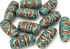 1 Bead - Large tube tibetan silver turquoise and inlaid bead - BD693