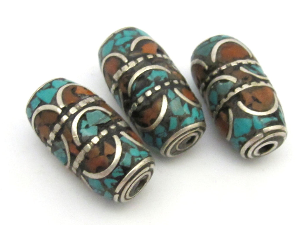 1 Bead - Large tube tibetan silver turquoise and inlaid bead - BD693