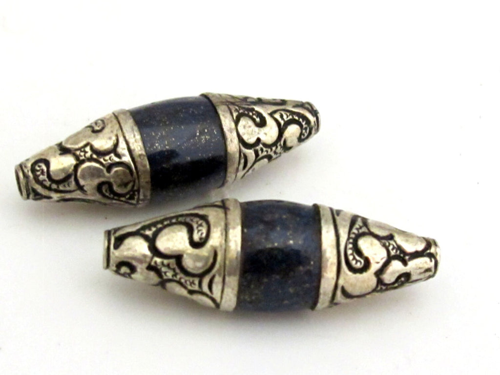 1 BEAD - Tibetan silver capped Lapis Lazuli gemstone bead from Nepal - BD694