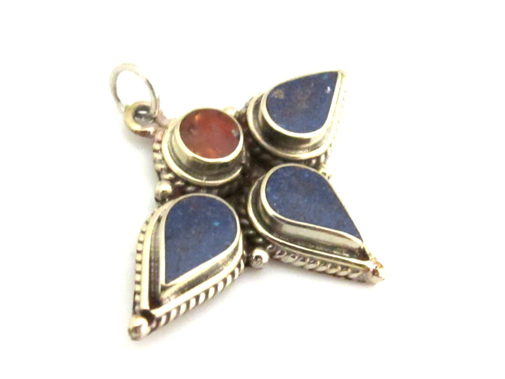 1 piece - Ethnic tri petal floral design Tibetan charm pendant with lapis coral inlay - PM309B