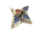 1 piece - Ethnic tri petal floral design Tibetan charm pendant with lapis coral inlay - PM309B