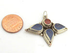 1 piece - Ethnic tri petal floral design Tibetan charm pendant with lapis coral inlay - PM309B