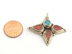 1 piece - Ethnic tri petal floral design Tibetan charm pendant with turquoise coral inlay - PM309C