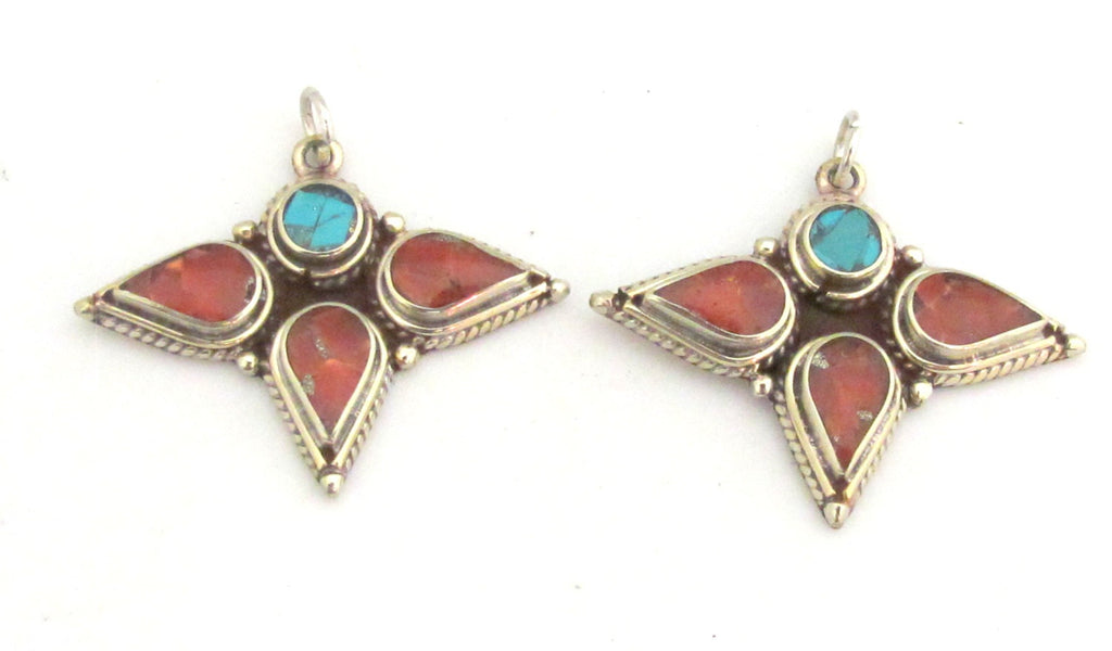 1 piece - Ethnic tri petal floral design Tibetan charm pendant with turquoise coral inlay - PM309C
