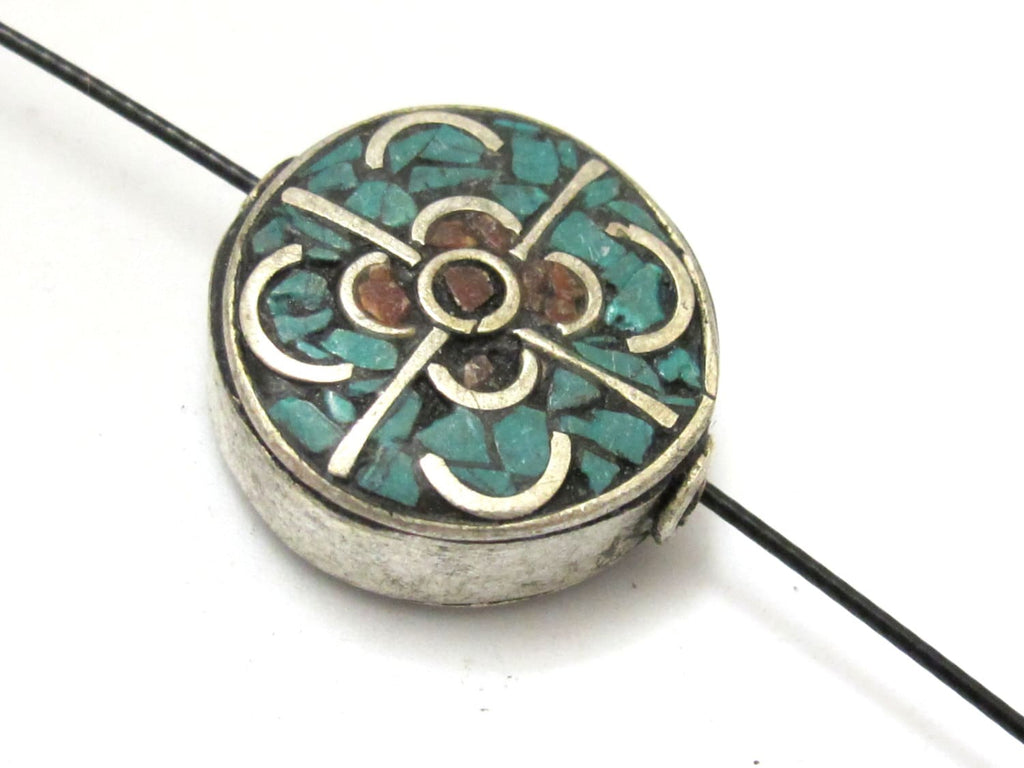 1 Bead - Round disc tibetan silver turquoise and coral inlaid bead - BD691