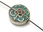 1 Bead - Round disc tibetan silver turquoise and coral inlaid bead - BD691