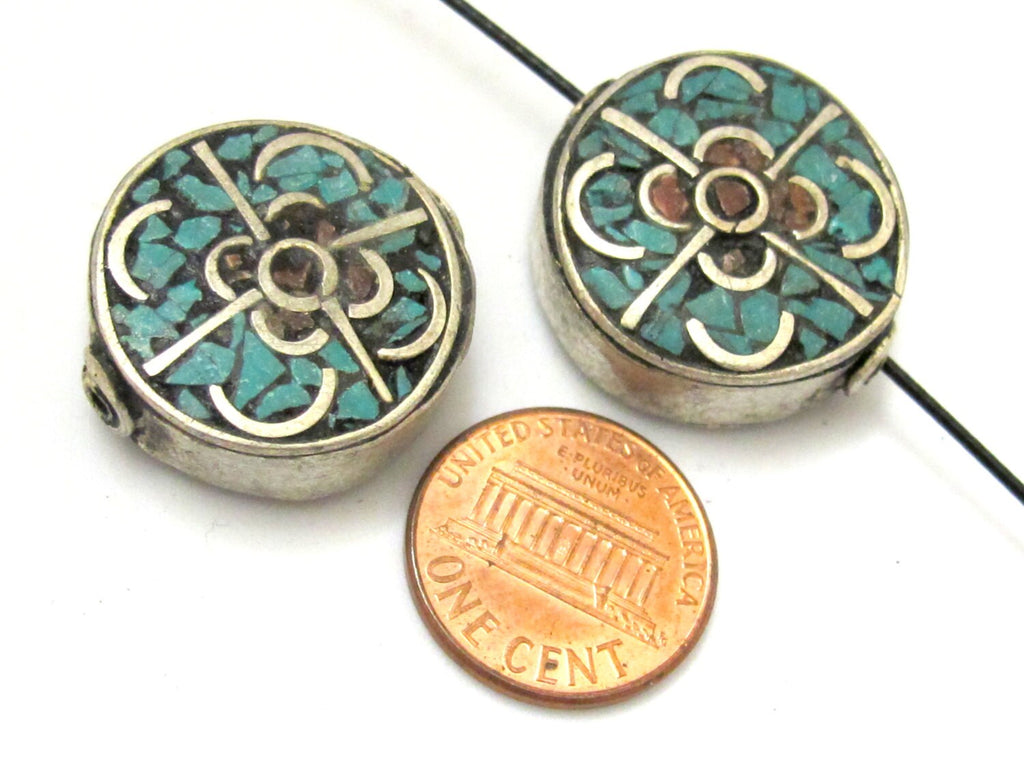 1 Bead - Round disc tibetan silver turquoise and coral inlaid bead - BD691