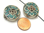 1 Bead - Round disc tibetan silver turquoise and coral inlaid bead - BD691