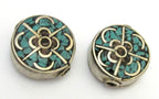 1 Bead - Round disc tibetan silver turquoise and coral inlaid bead - BD691