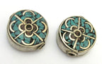 1 Bead - Round disc tibetan silver turquoise and coral inlaid bead - BD691
