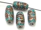 1 Bead - Large tube tibetan silver turquoise and inlaid bead - BD693