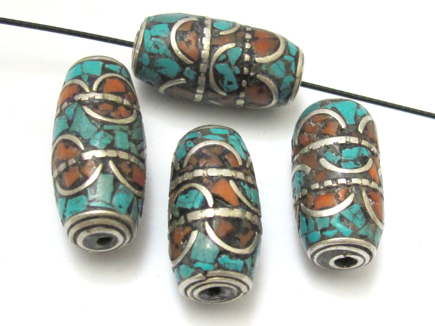 1 Bead - Large tube tibetan silver turquoise and inlaid bead - BD693