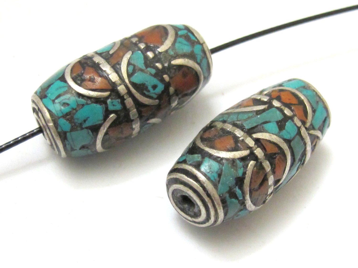 1 Bead - Large tube tibetan silver turquoise and inlaid bead - BD693