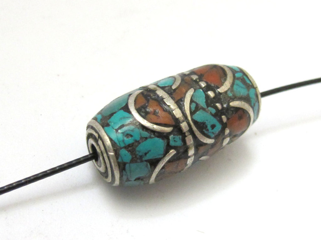 1 Bead - Large tube tibetan silver turquoise and inlaid bead - BD693