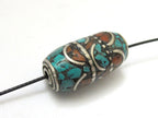 1 Bead - Large tube tibetan silver turquoise and inlaid bead - BD693
