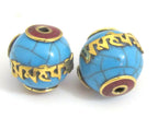 1 Bead - Tibetan beads blue crackle resin Om mantra bead with brass and coral inlay - Nepal beads shop - BD697