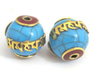 1 Bead - Tibetan beads blue crackle resin Om mantra bead with brass and coral inlay - Nepal beads shop - BD697