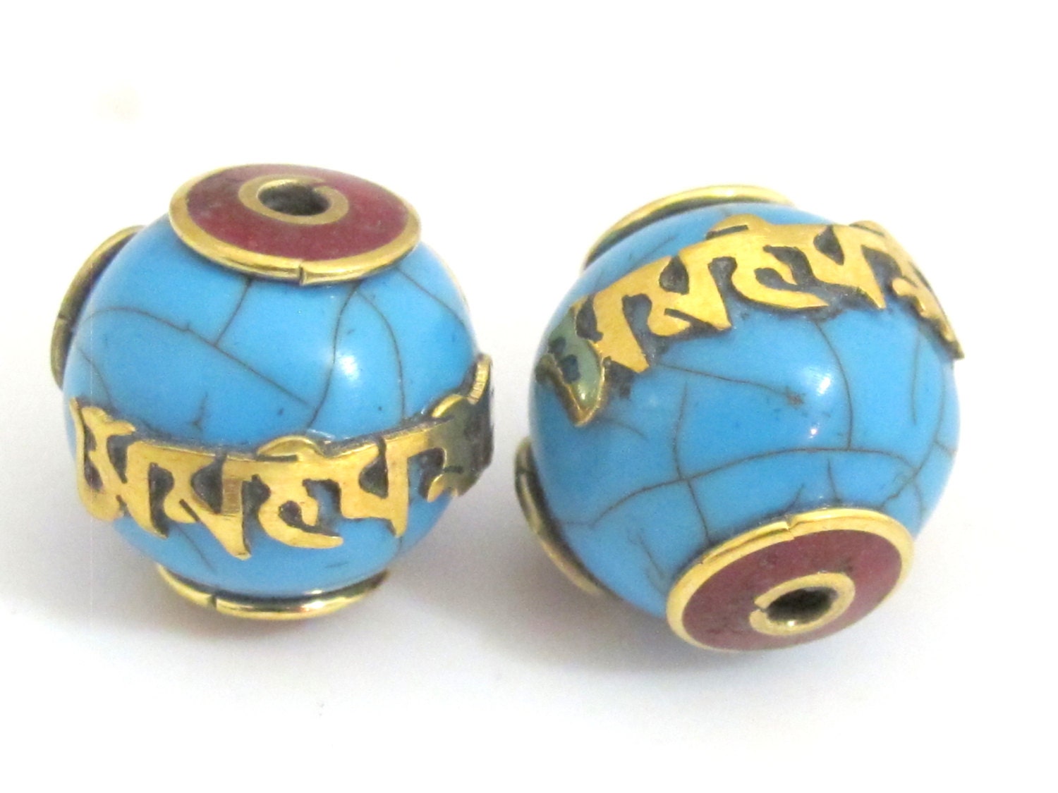1 Bead - Tibetan beads blue crackle resin Om mantra bead with brass and coral inlay - Nepal beads shop - BD697