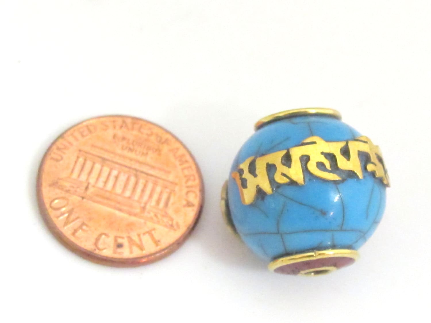1 Bead - Tibetan beads blue crackle resin Om mantra bead with brass and coral inlay - Nepal beads shop - BD697