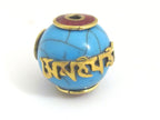 1 Bead - Tibetan beads blue crackle resin Om mantra bead with brass and coral inlay - Nepal beads shop - BD697