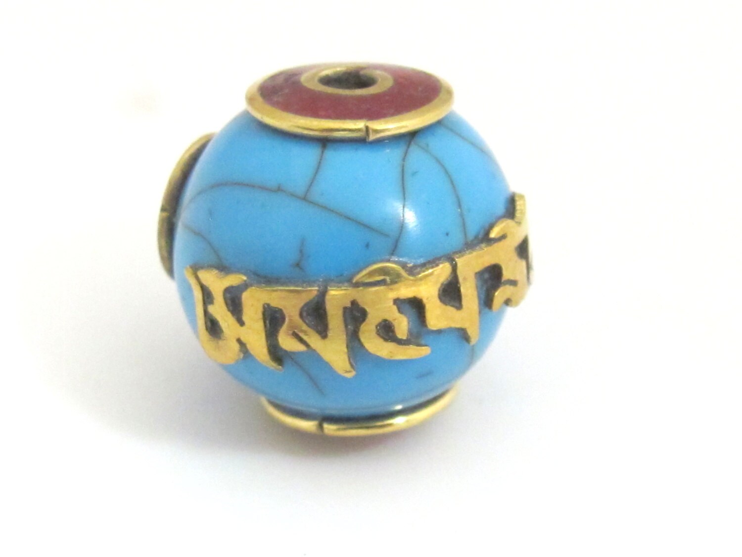 1 Bead - Tibetan beads blue crackle resin Om mantra bead with brass and coral inlay - Nepal beads shop - BD697