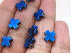 10 Beads - Metallic blue titanium color plated hematite gemstone cross beads 8 mm - GM357