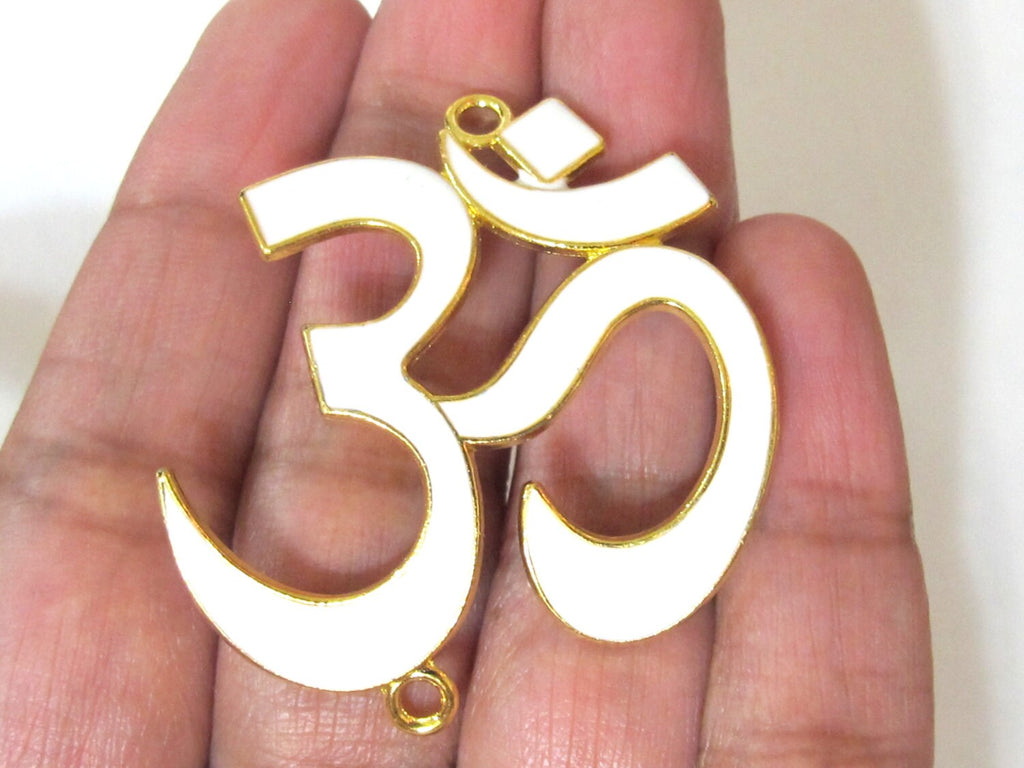 1 Pendant - Large size White enamel inlaid gold tone plated Om Pendant Bead connector - CM096
