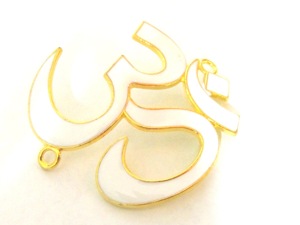 1 Pendant - Large size White enamel inlaid gold tone plated Om Pendant Bead connector - CM096