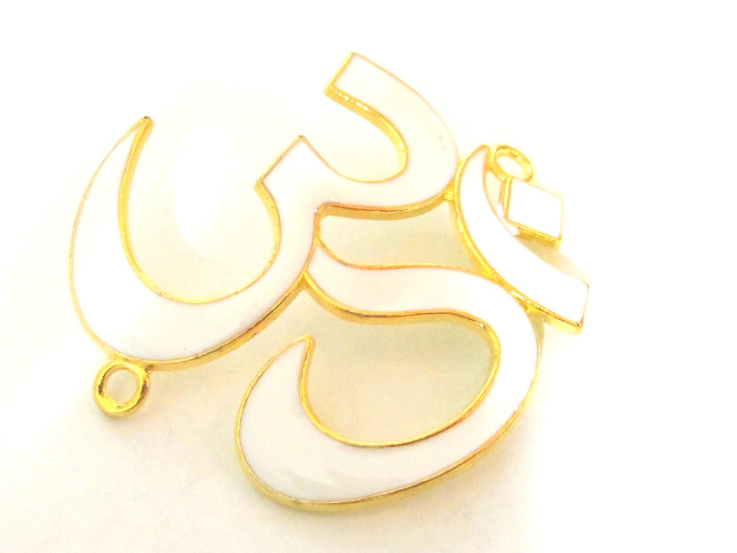 1 Pendant - Large size White enamel inlaid gold tone plated Om Pendant Bead connector - CM096